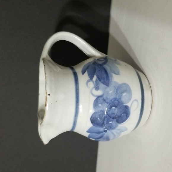 Small Art Pottery Creamer Pitcher with Blue Grape Vine Decoration - Picture 4 of 6